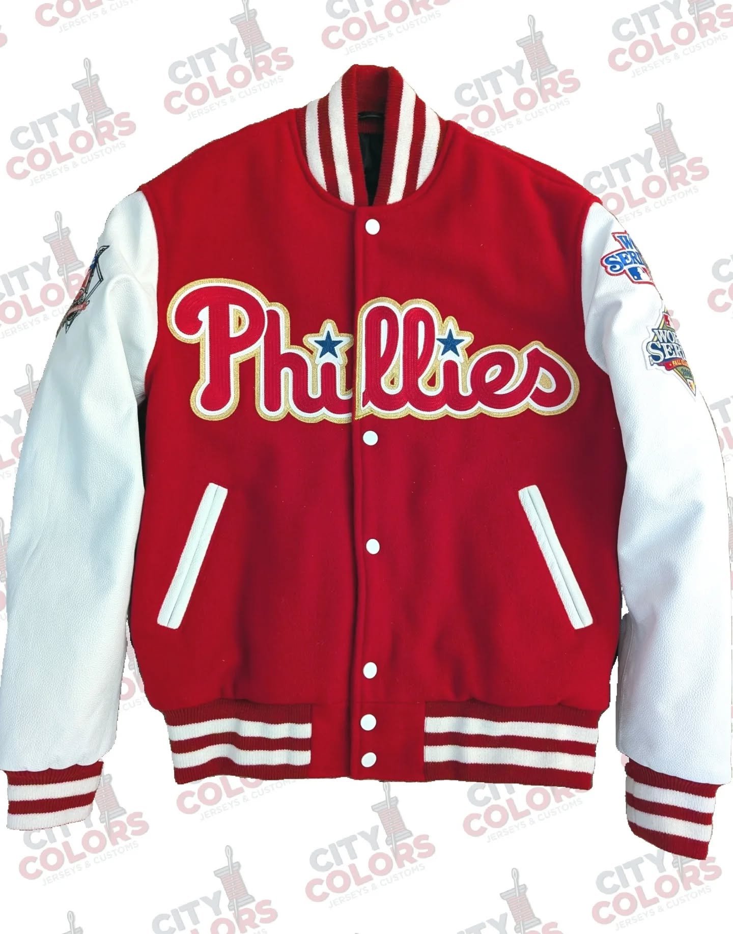 This piece is for my loving wife, whose support of my business has been immeasurable and not without sacrifice.

The chain-stitched Phillies wordmark was taken off a Majestic authentic jersey and layered with metallic gold tackle twill. The Phillies'
