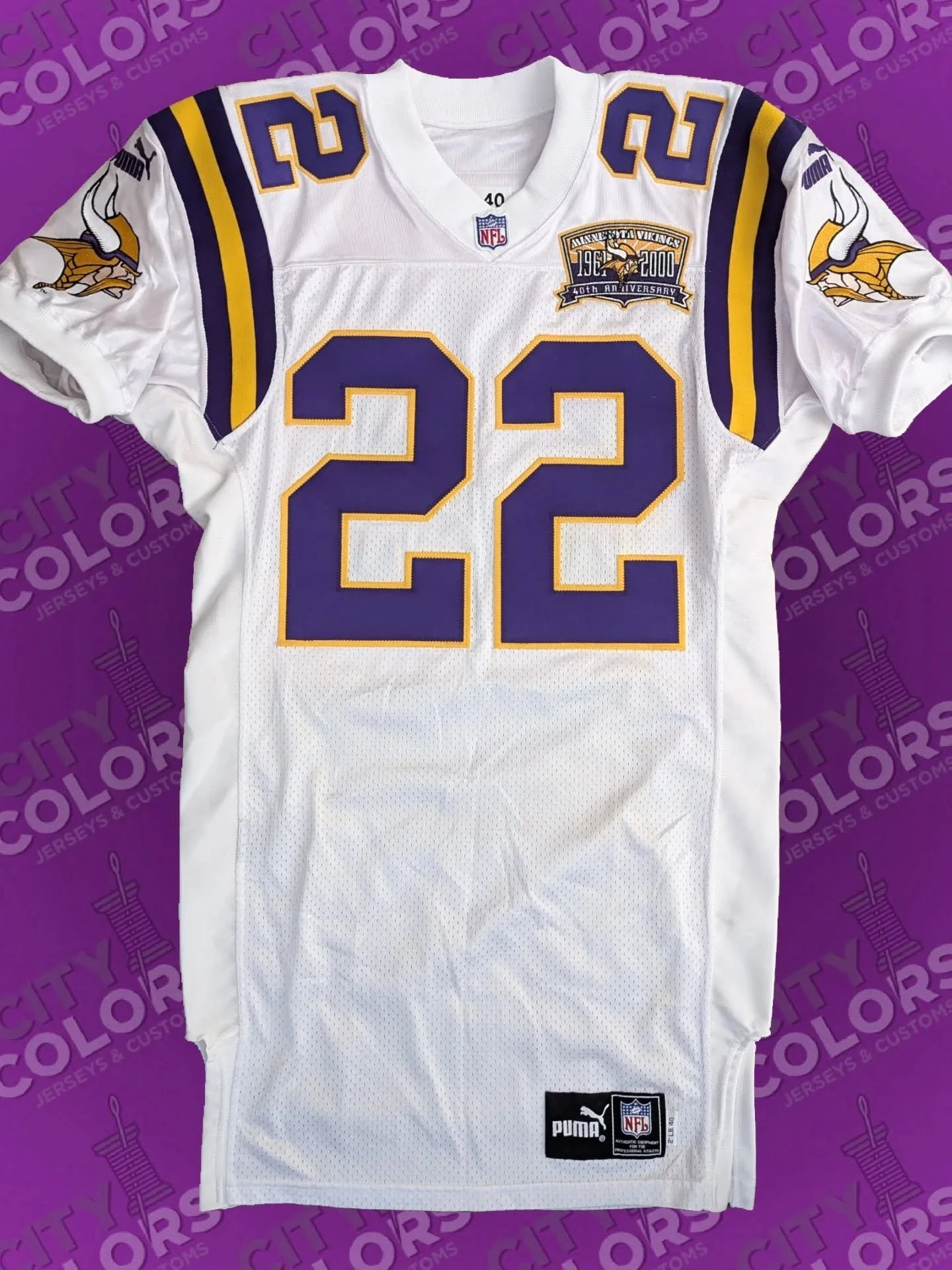 This was a blank Puma team-issued Minnesota Vikings jersey from 2000. It was sent to me by a customer in Alabama to be customized as David Palmer, who was a kick returner and wide receiver for the team from 1994-2000. Palmer was a 2nd round pick out 