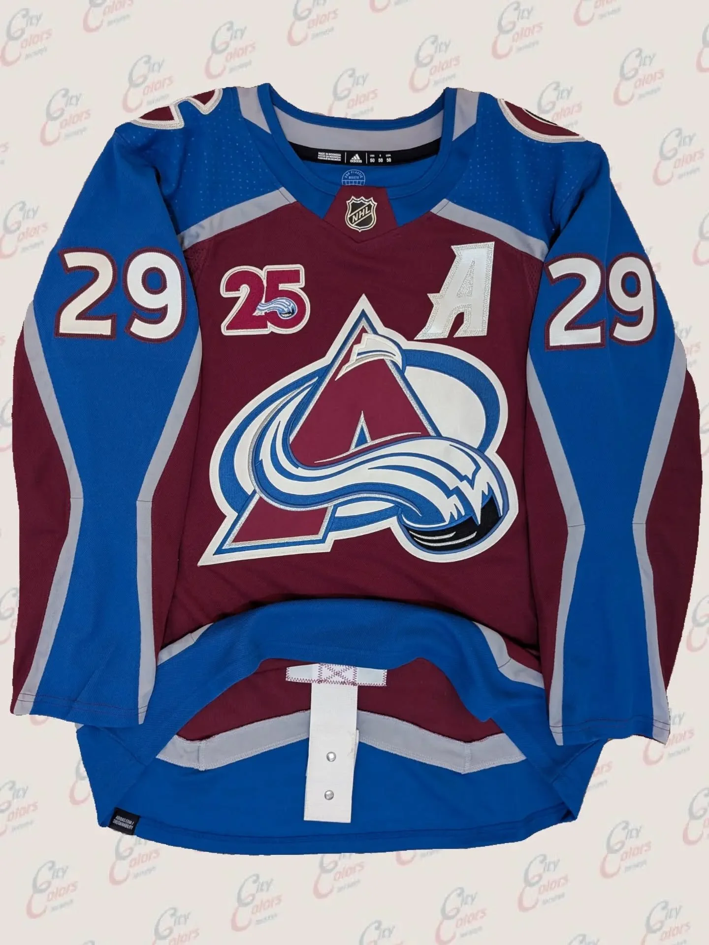 Colorado Avalanche 25th anniversary home jersey customized as Nathan MacKinnon. On its way to a new customer in Colorado. Thanks for the support, @deriveszn. Enjoy it! 🤘