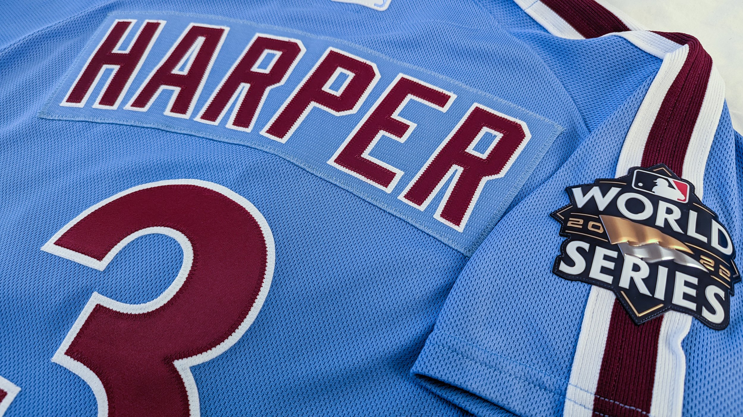 Authentic Philadelphia Phillies Nike powder blue throwback home jersey customized with HARPER 3 in genuine double-layer stacked tackle twill. Chromaflex 2022 World Series patch on the right sleeve.