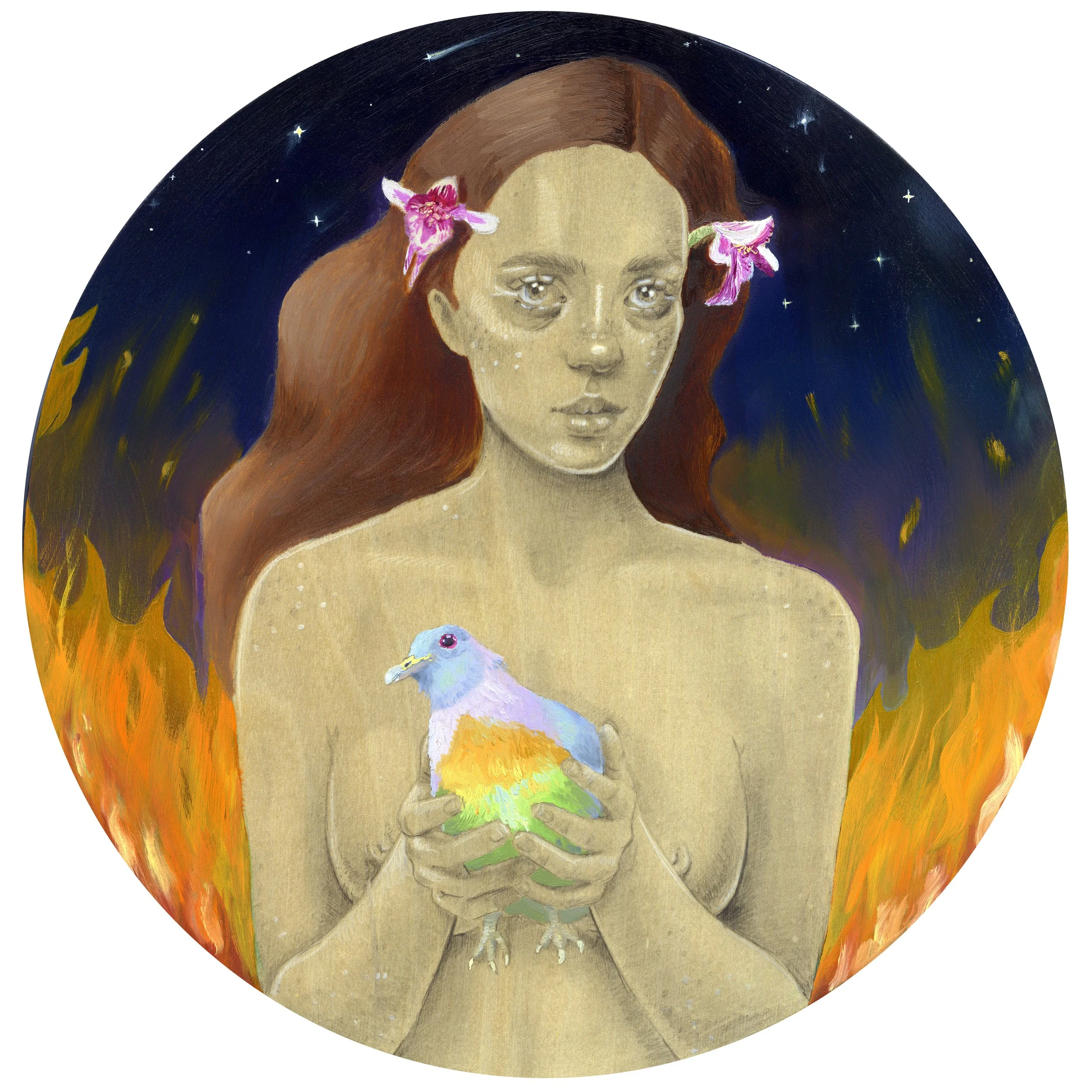SOLD- 'From Fire' 2025- graphite and oil on 12 inch round wood panel. Sale through Nanny Goat Gallery.