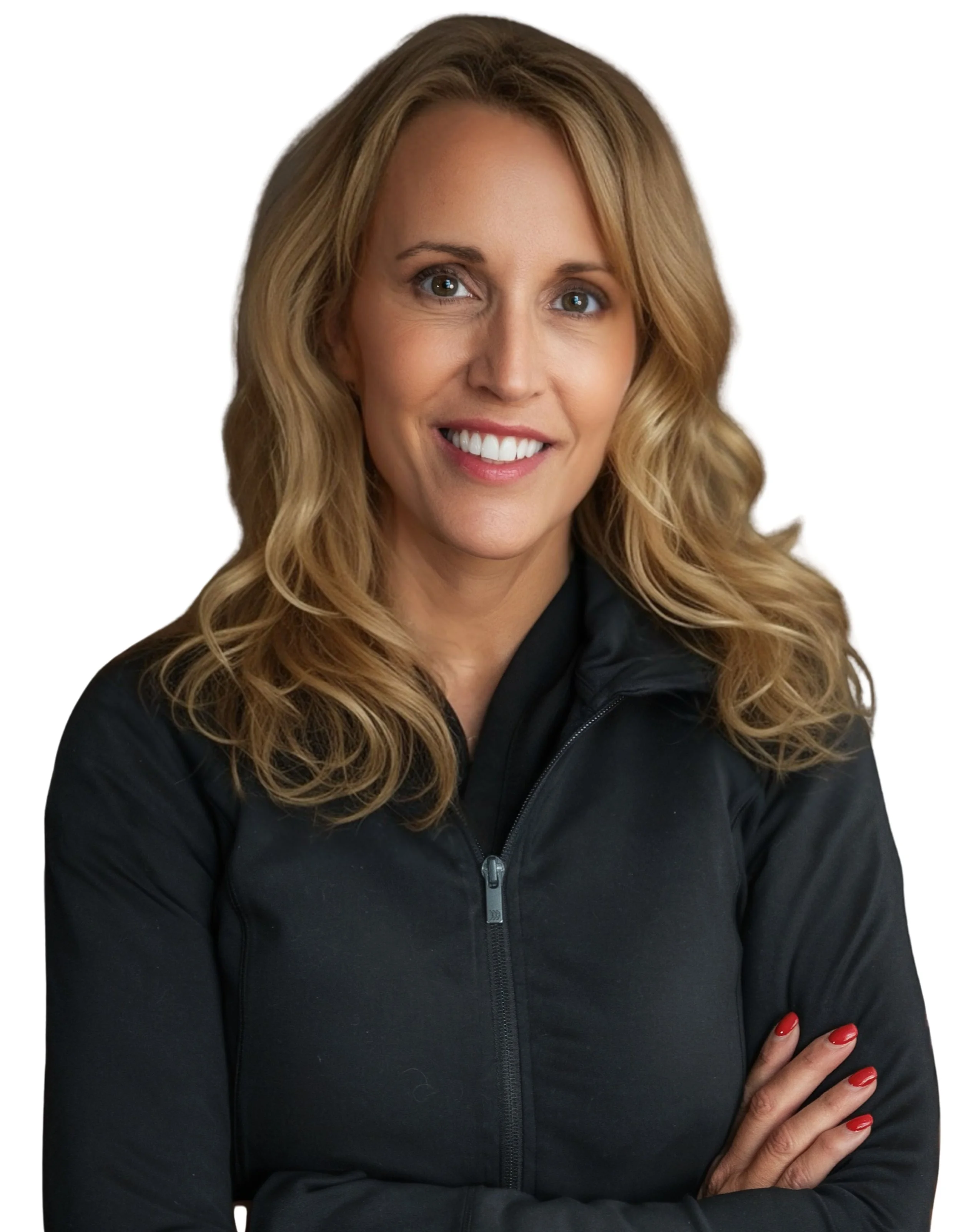 A woman with blonde hair wearing a black shirt and a cross necklace, smiling at the camera against a white background.