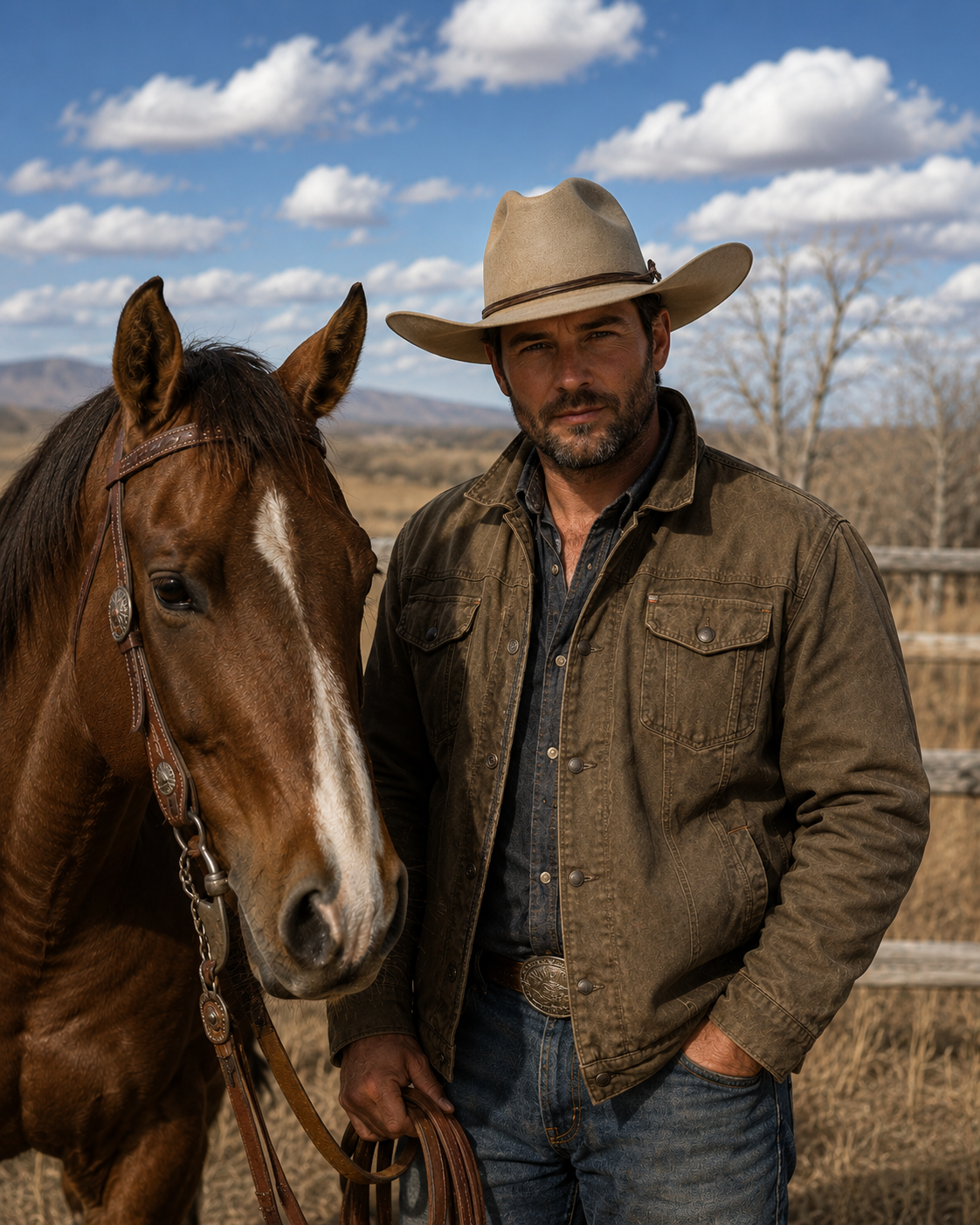 Man standing with a horse wearing a Gus shaped hat in natural beaver blend