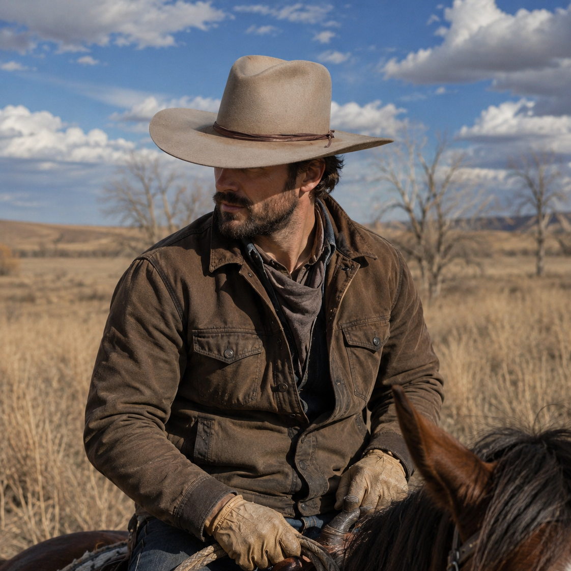Man sitting on a horse wearing Gus shaped hat