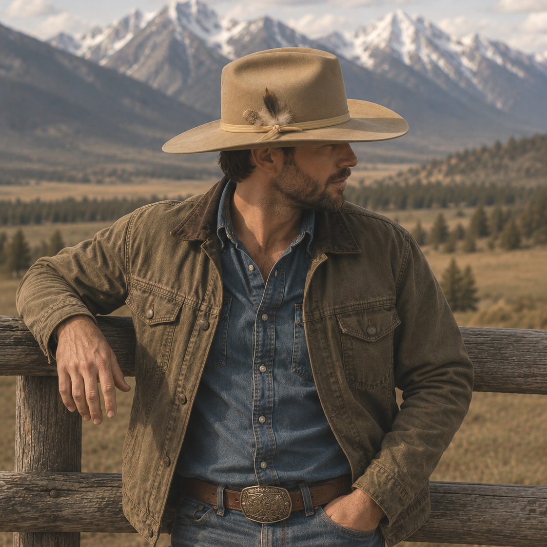 Man wearing 100x rabbit fur felt hat in the color pecan