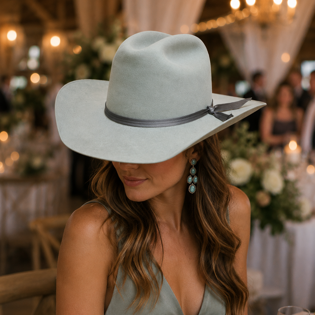 Woman wearing grey hat and dress