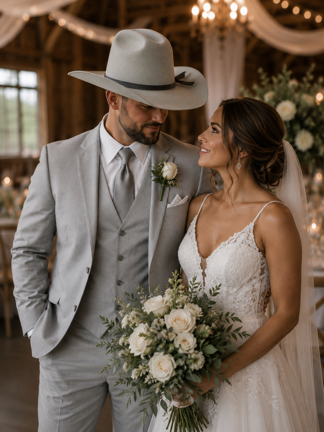 Groom wearing a light grey wide-brim Cattleman western hat with bride at rustic wedding