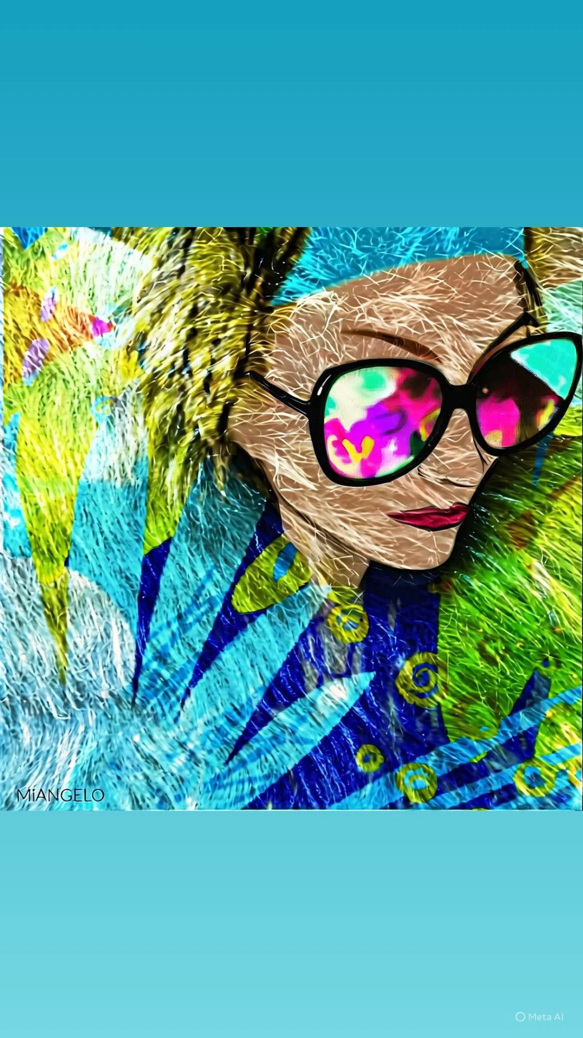Stylized digital artwork of a woman with blonde hair, wearing colorful, reflective sunglasses and red lipstick, with vibrant abstract patterns in the background.