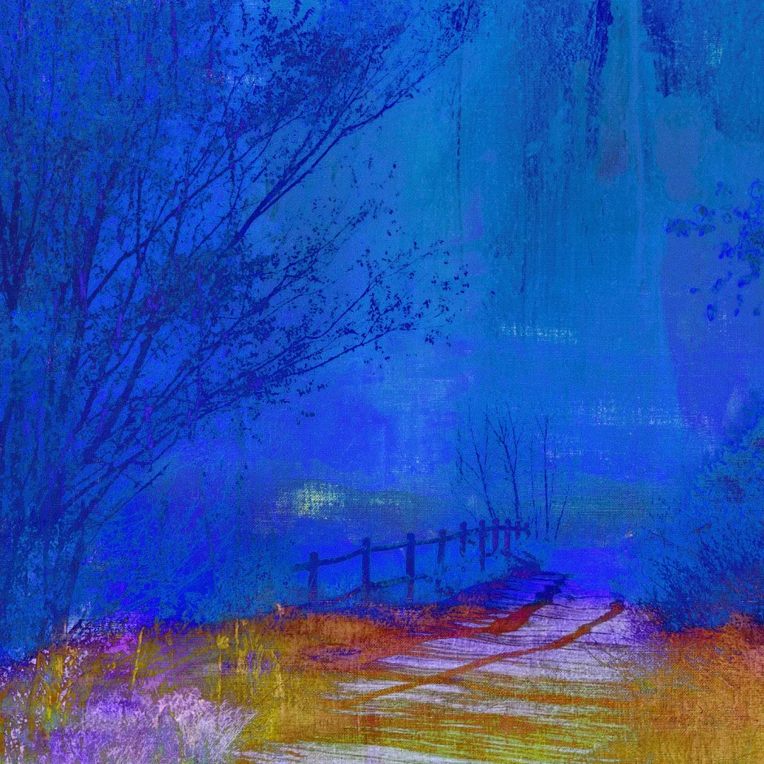 A digital painting of a foggy night scene with a pathway, a wooden fence, and bare trees, in shades of blue and purple.