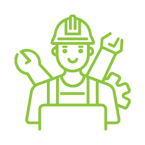 Green outline drawing of a smiling worker wearing a hard hat, with a wrench, screwdriver, and gear behind him.