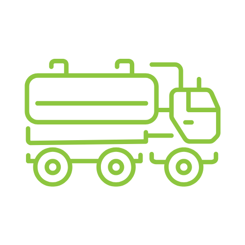 Green line drawing of a fuel or water tanker truck on a black background.