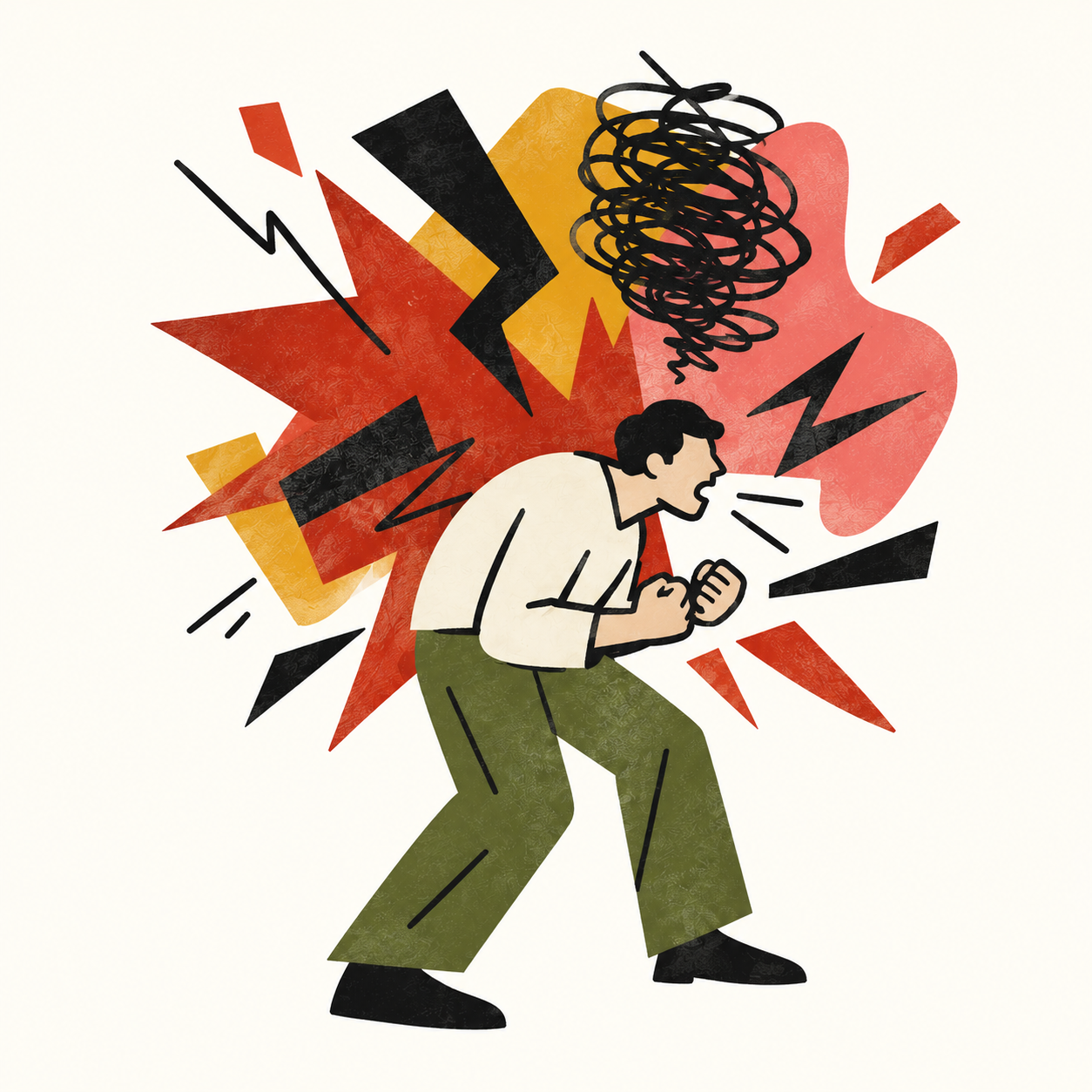 Illustration of a person experiencing a heated argument or emotional outburst, with jagged lines and abstract shapes indicating anger or frustration.
