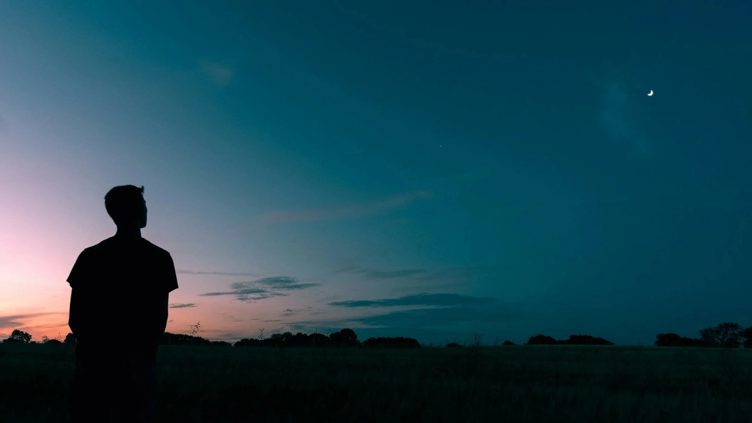 Silhouette of a person standing outdoors during sunset or dusk, with a colorful sky, crescent moon, and distant trees in the background.