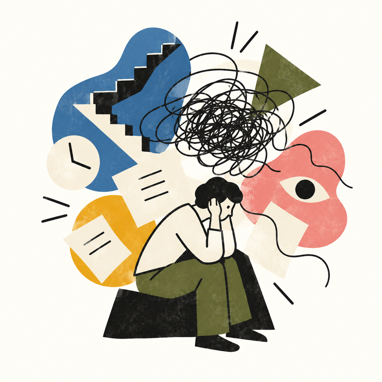 An illustration of a person sitting with their head in their hands, surrounded by chaotic, colorful shapes, scribbles, clocks, paper notes, and an eye, symbolizing stress or mental overload.