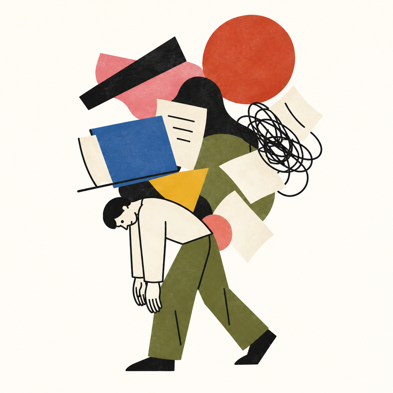 Illustration of a person carrying a large, chaotic pile of colorful abstract shapes, papers, and tangled lines, with their head and upper body bent forward.