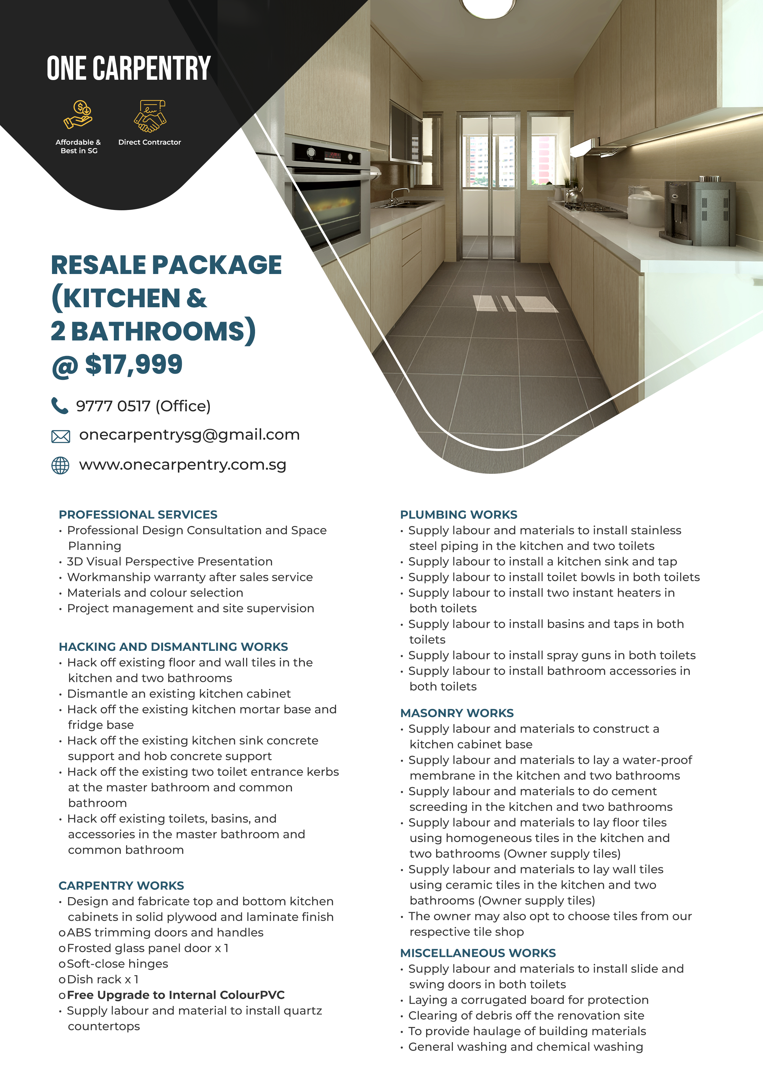 Flyer advertising a property resale package for a kitchen and two bathrooms at $17,999, includes contact information, and details of professional services, plumbing, masonry, carpentry, hacking and dismantling, and miscellaneous works.