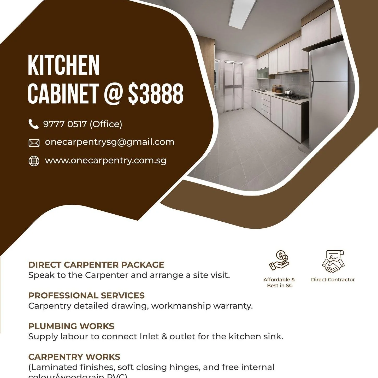 🔥 Singapore&rsquo;s Best Renovation Packages 🔥
https://www.onecarpentry.com.sg/renovation-packages

Kitchen Cabinet Package
From $3888

Re-Wire Renovation Package
3 Room $1999
4 Room $2499
5 Room $2999

BTO Renovation Packages
2 Room $7588
3 Room $