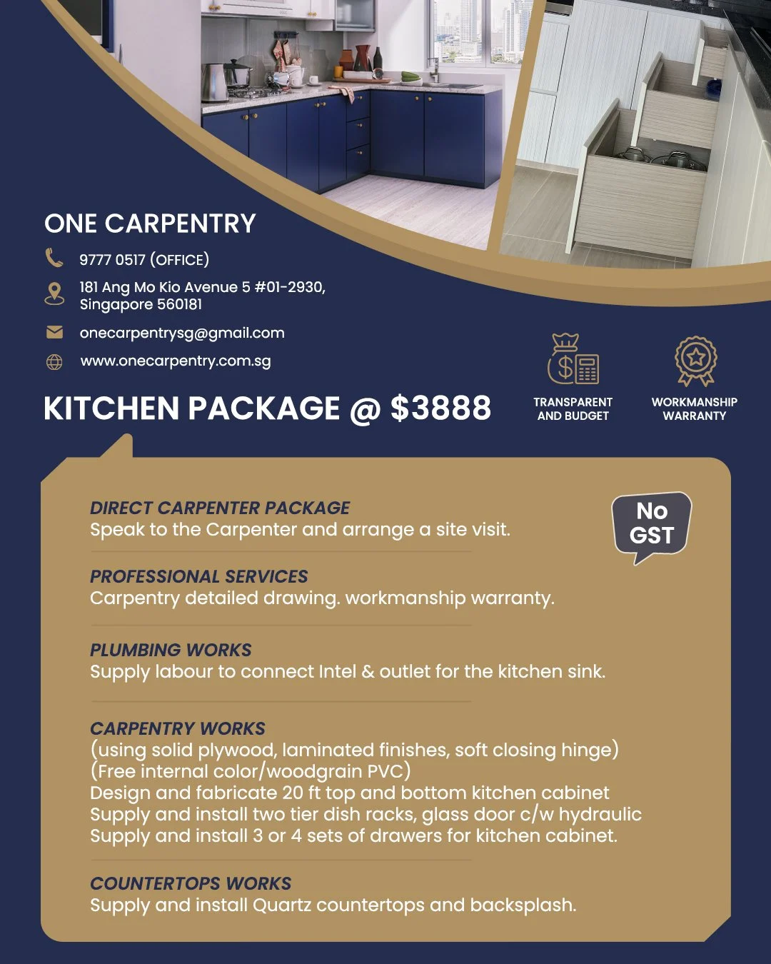 Singapore's Best Renovation Packages! 🔥
https://www.onecarpentry.com.sg/renovation-packages

Kitchen Cabinet Carpenter Package $3888

Re-wire Renovation Package
Direct Electrician
3 Room $1999
4 Room $2499
5 Room $2999

BTO Renovation Package
2 Room
