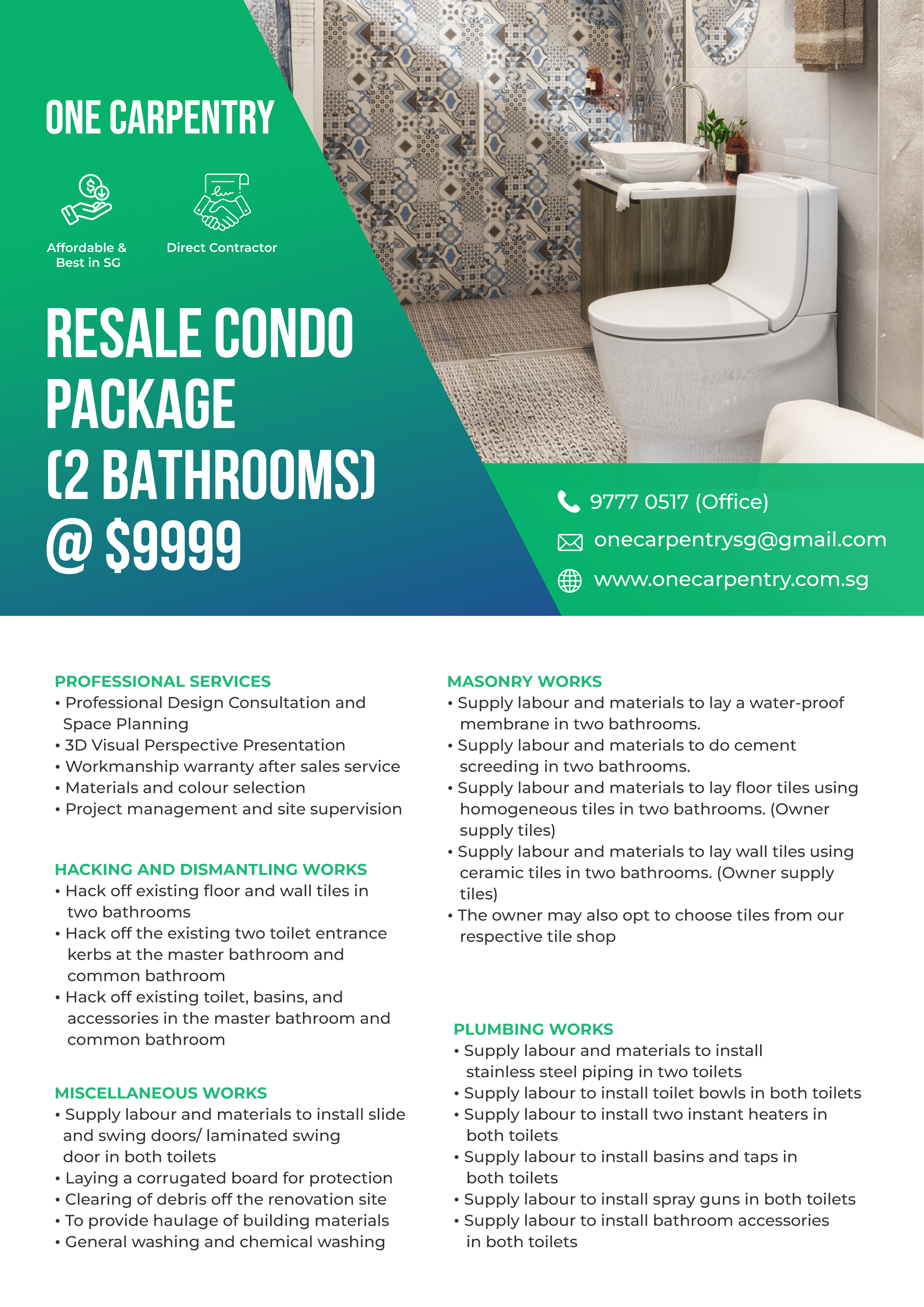 A promotional flyer for a condo resale package that includes two bathrooms, priced at $9999. The flyer features contact information, icons for office phone, email, and website, and lists of professional services, masonry, hacking and dismantling works, miscellaneous works, and plumbing works. There is a background image of a modern bathroom with patterned tiles, a white toilet, a sink with a wooden vanity, and some decorative items.