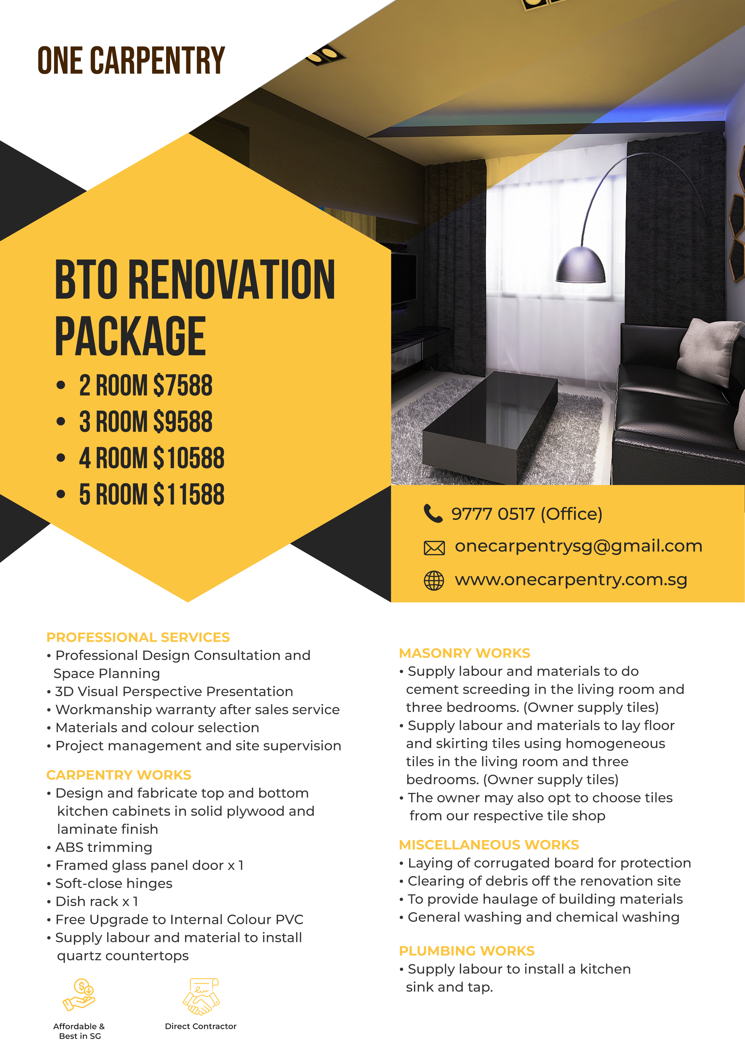 Flyer for One Carpentry's BTO renovation package with pricing for 2 to 5 rooms, contact information, and list of services including carpentry, masonry, miscellaneous, and plumbing works. The flyer features a modern living room background.