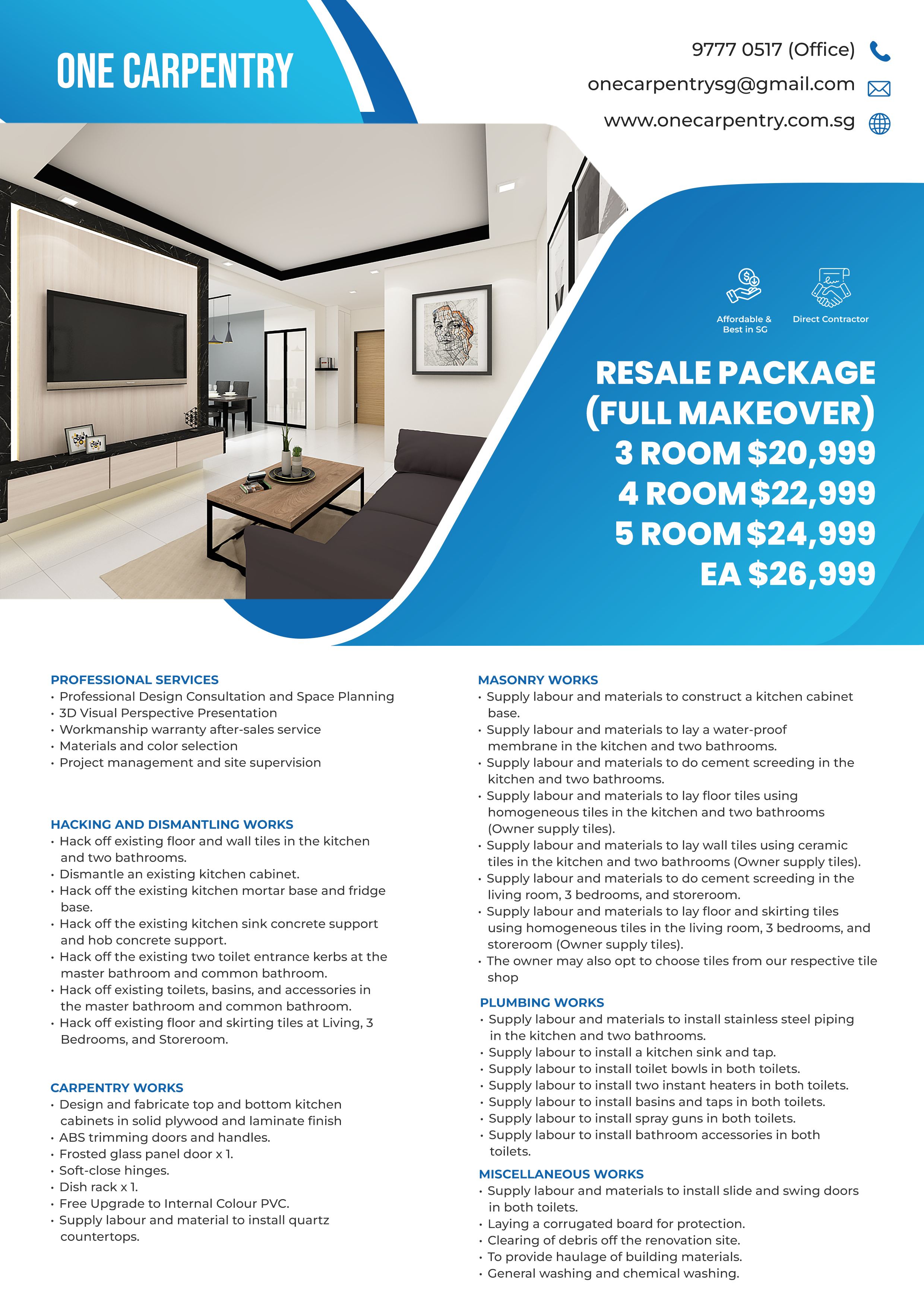 A real estate flyer for One Carpentry showing a modern living room design with white walls, a black and white framed artwork, a mounted flat-screen TV, a dark sofa, and a wooden coffee table. The flyer includes contact details, pricing for resale packages, and lists of professional services, masonry, hacking and dismantling works, carpentry, plumbing, and miscellaneous services.