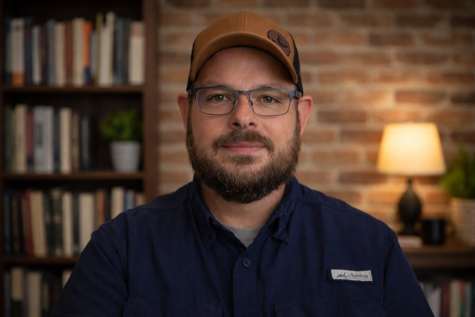 A man with glasses, a beard, and a brown cap wearing a navy blue Columbia shirt, sitting in a room with a brick wall, bookshelves, a lamp, and a potted plant in the background.