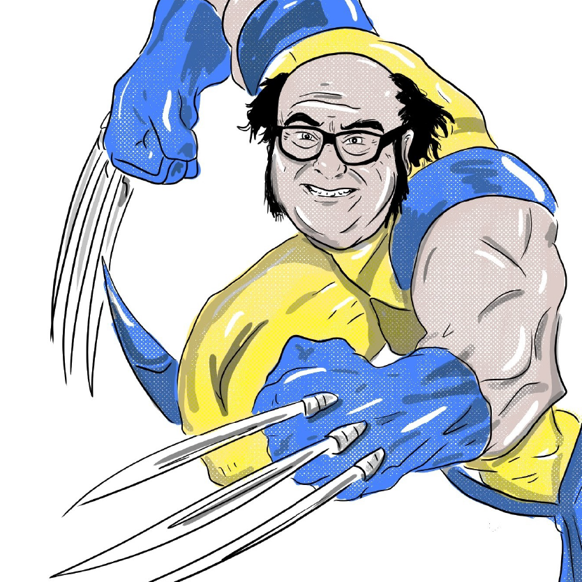 Cartoon character with blue and yellow superhero costume, glasses, and claws, in an action pose.