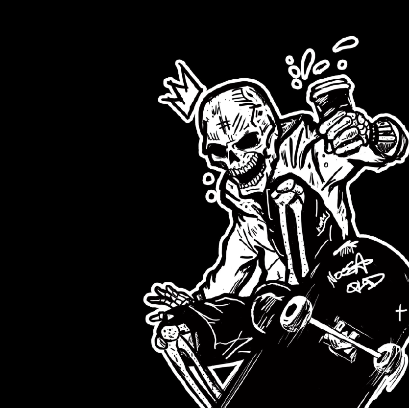 Illustration of a skeleton wearing a crown and holding a cup, sitting on a skateboard with graffiti-style writing, against a black background.