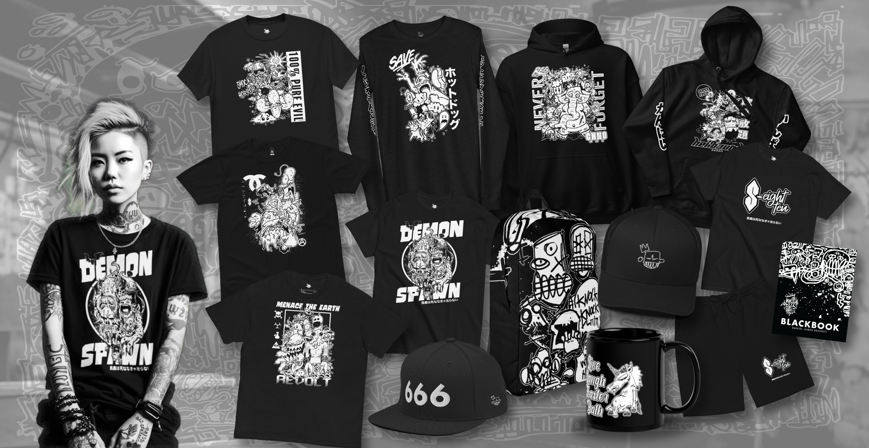 Collage featuring monochrome graphic apparel like T-shirts, hoodies, a hat, backpack, mug, and notebook with art designs. Includes a tattooed model wearing a "Demon Spawn" shirt.
