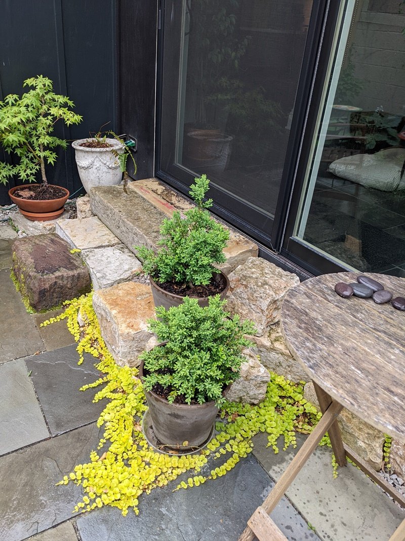Steps to the house’s sliding doors are made of various sizes and shapes of stone fitted together like a puzzle with planter pot accents