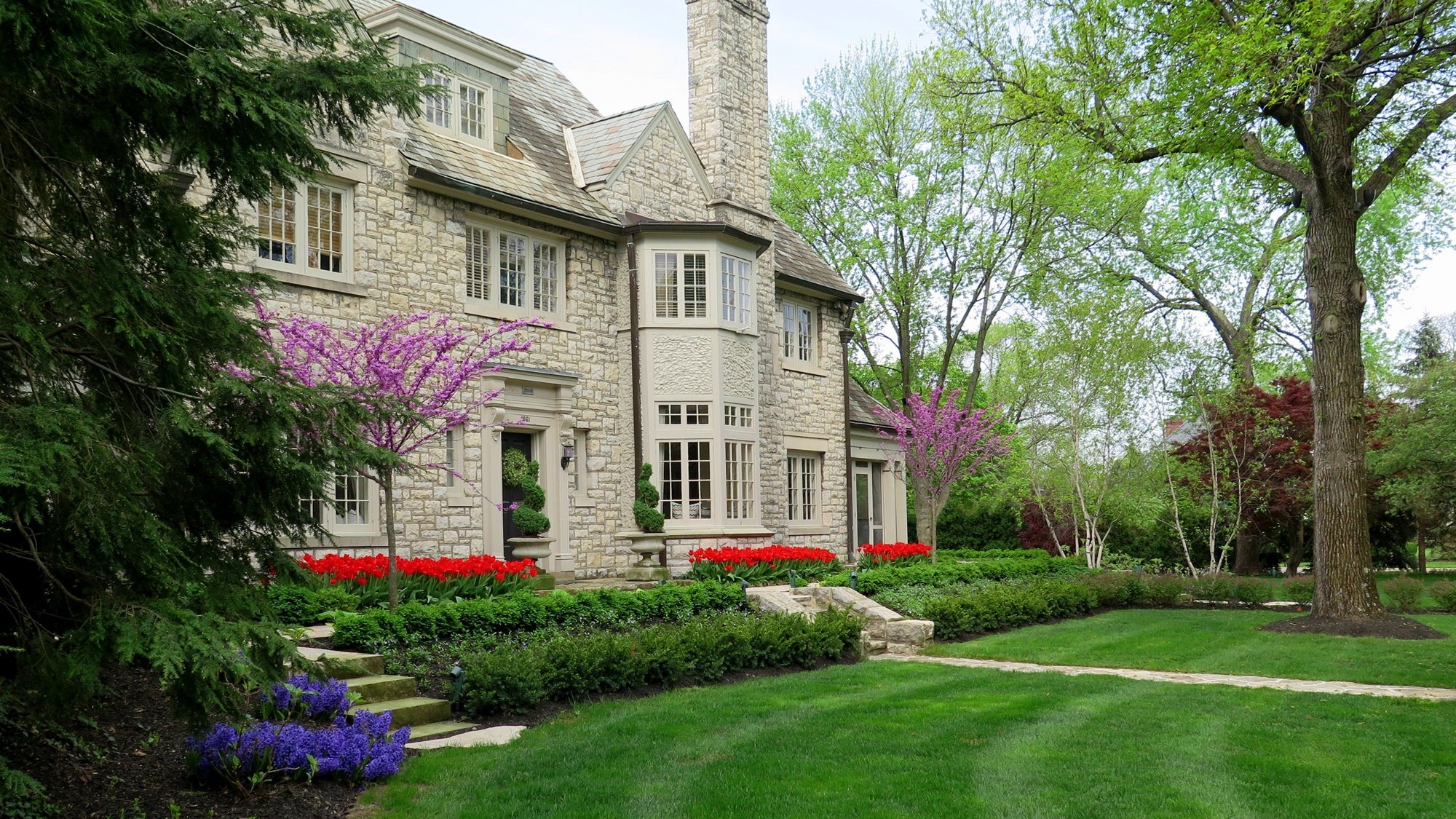 Angled view of limestone two-story house with long, narrow, sloped planting bed parallel to the house in front with bright red tulips at the top
