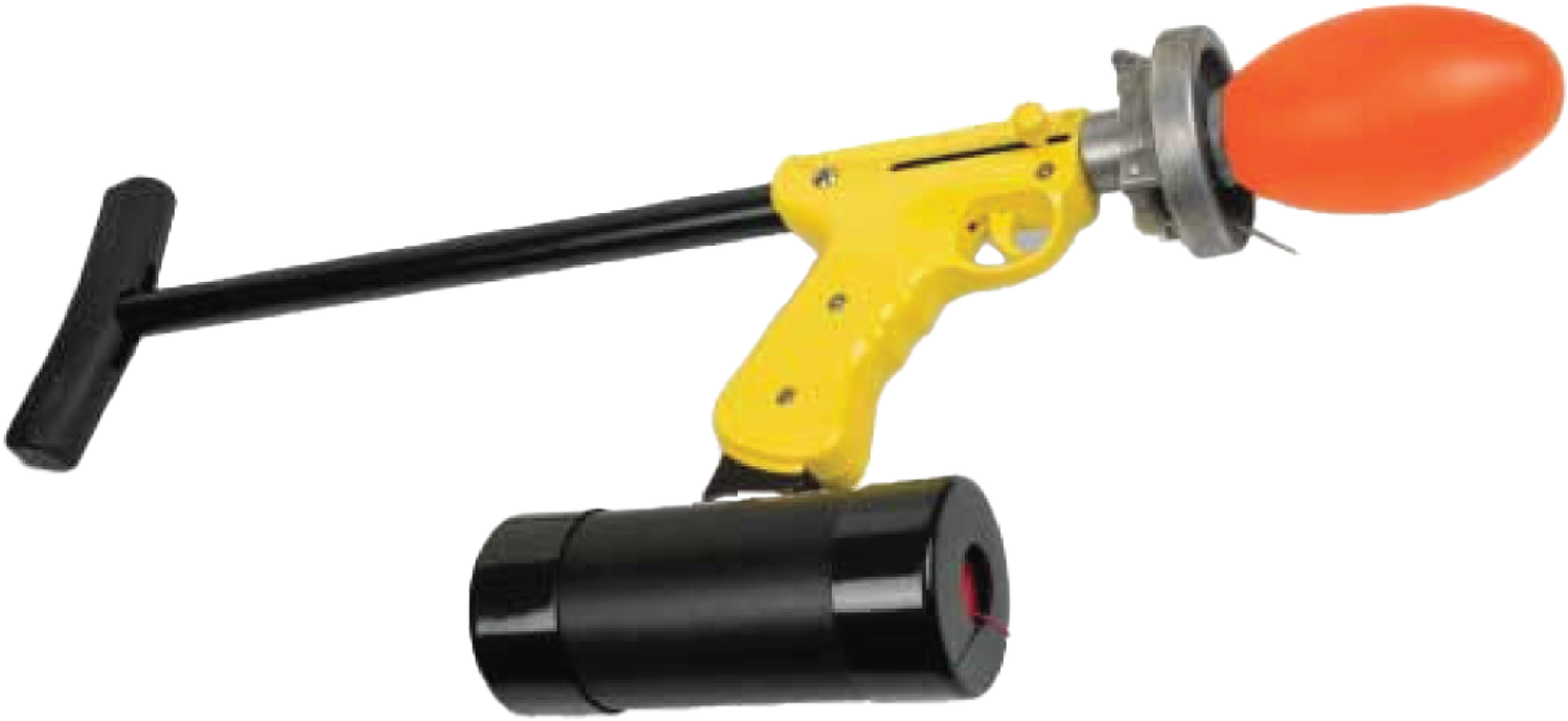 Yellow pistol-style line launcher with projectile