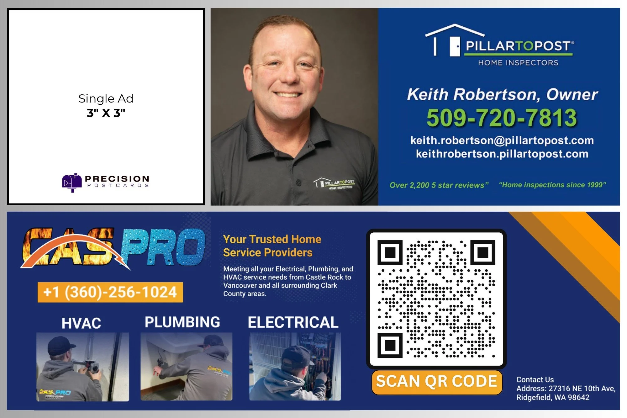 A business card for Pillar to Post Home Inspectors featuring contact information for Keith Robertson, a smiling man wearing a black polo shirt with the company logo. The card includes the company logo, contact numbers, email, website, and a QR code. The design highlights reviews, service areas, and specialties in HVAC, plumbing, and electrical services, with images of technicians working in each area.