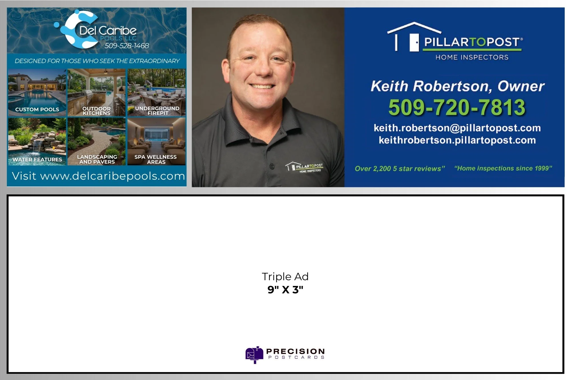 Business card for Keith Robertson, owner of Pillar to Post home inspectors, featuring contact information, logo, and a smiling portrait of Keith. The card promotes services including custom pools, outdoor kitchens, underground fire pits, water features, landscaping and pavers, spa wellness areas, and lists over 2,200 five-star reviews.