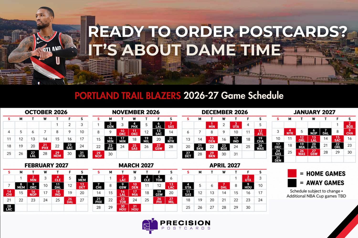 Portland Trail Blazers calendar postcard