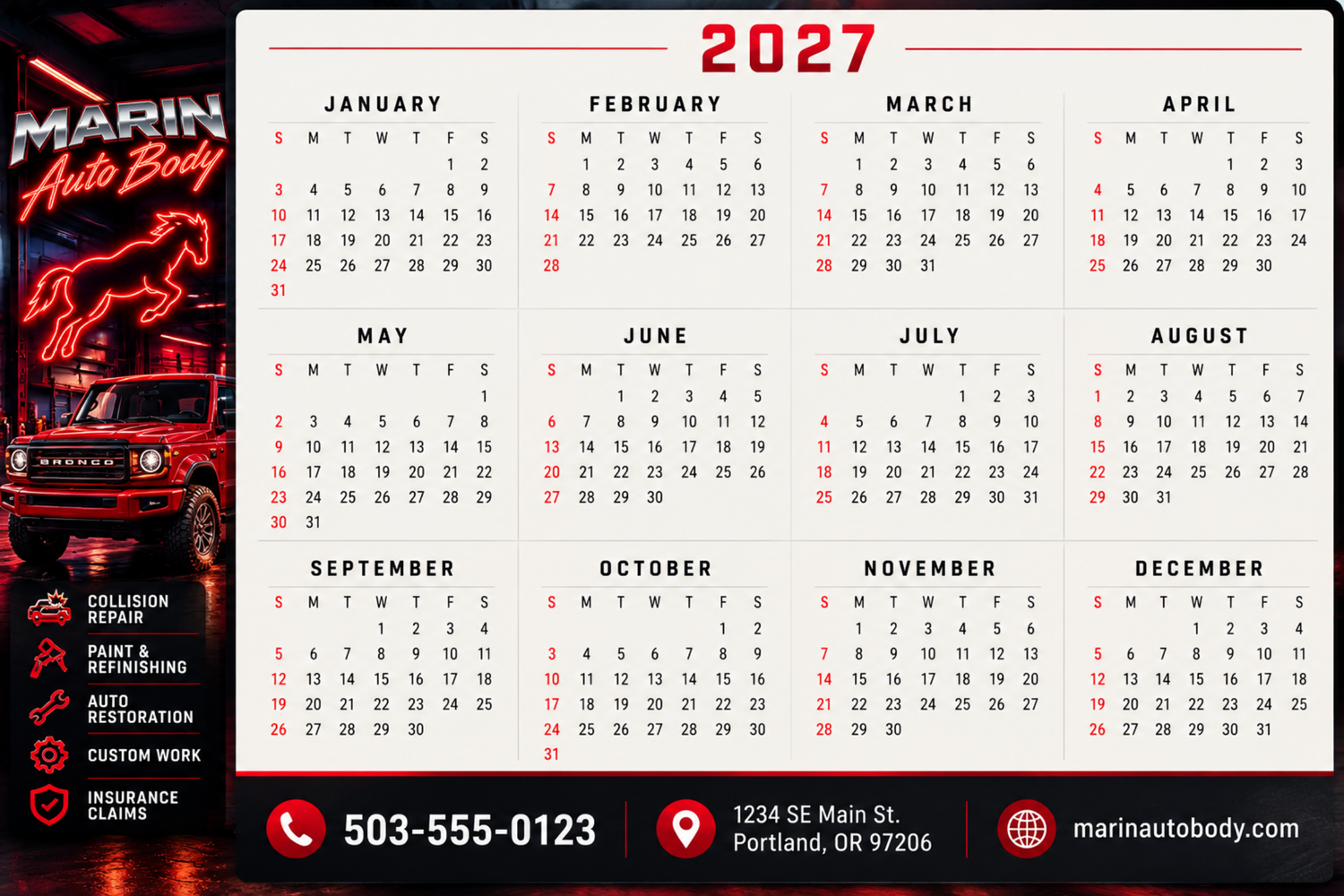 Marin Auto Body calendar postcard