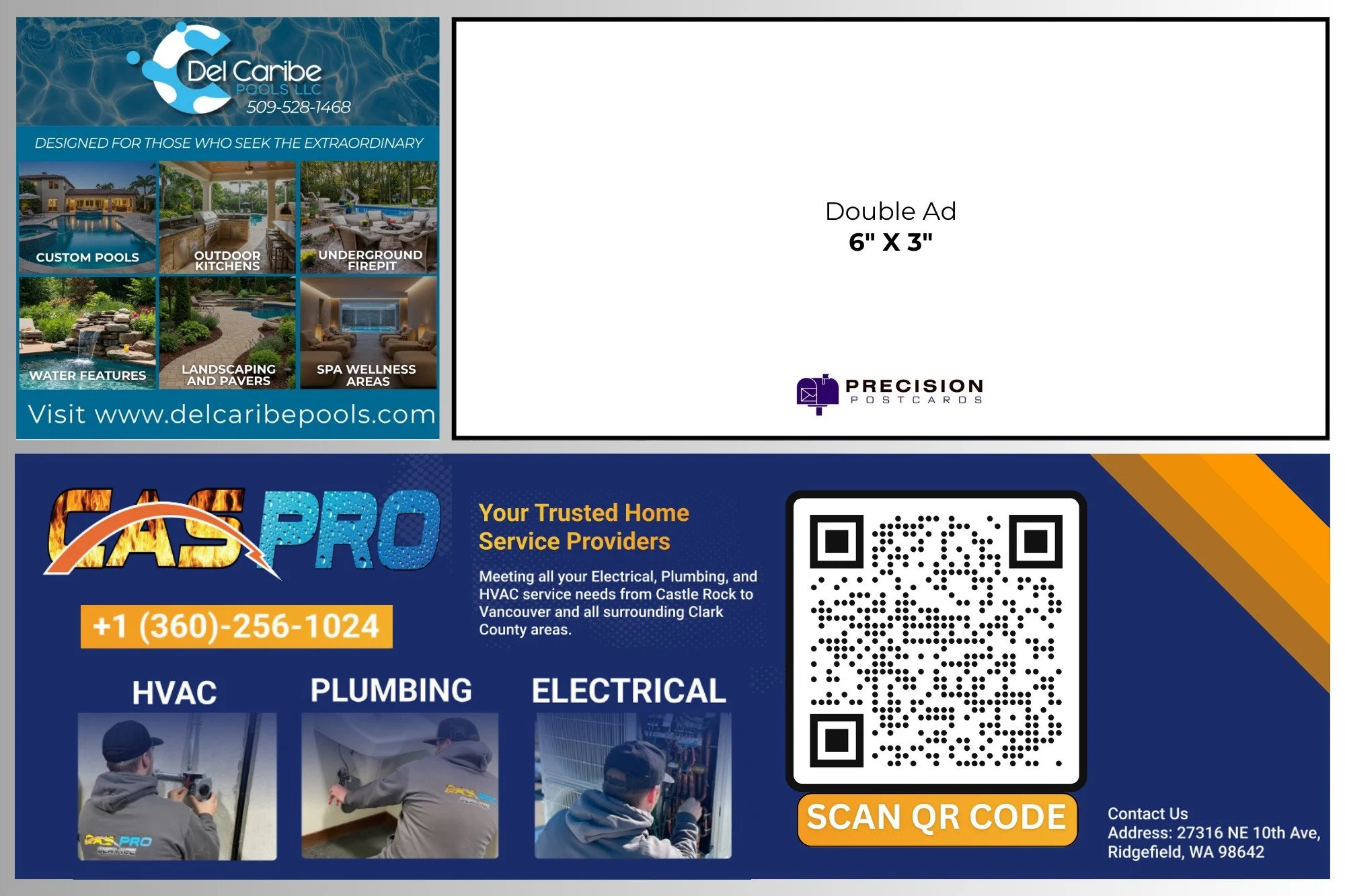 Business card for GAS PRO, showing contact number +1 (360)-256-1024, services in HVAC, plumbing, electrical, with images of workers and QR code for scanning, and address 27316 NE 10th Ave, Ridgefield, WA 98642.