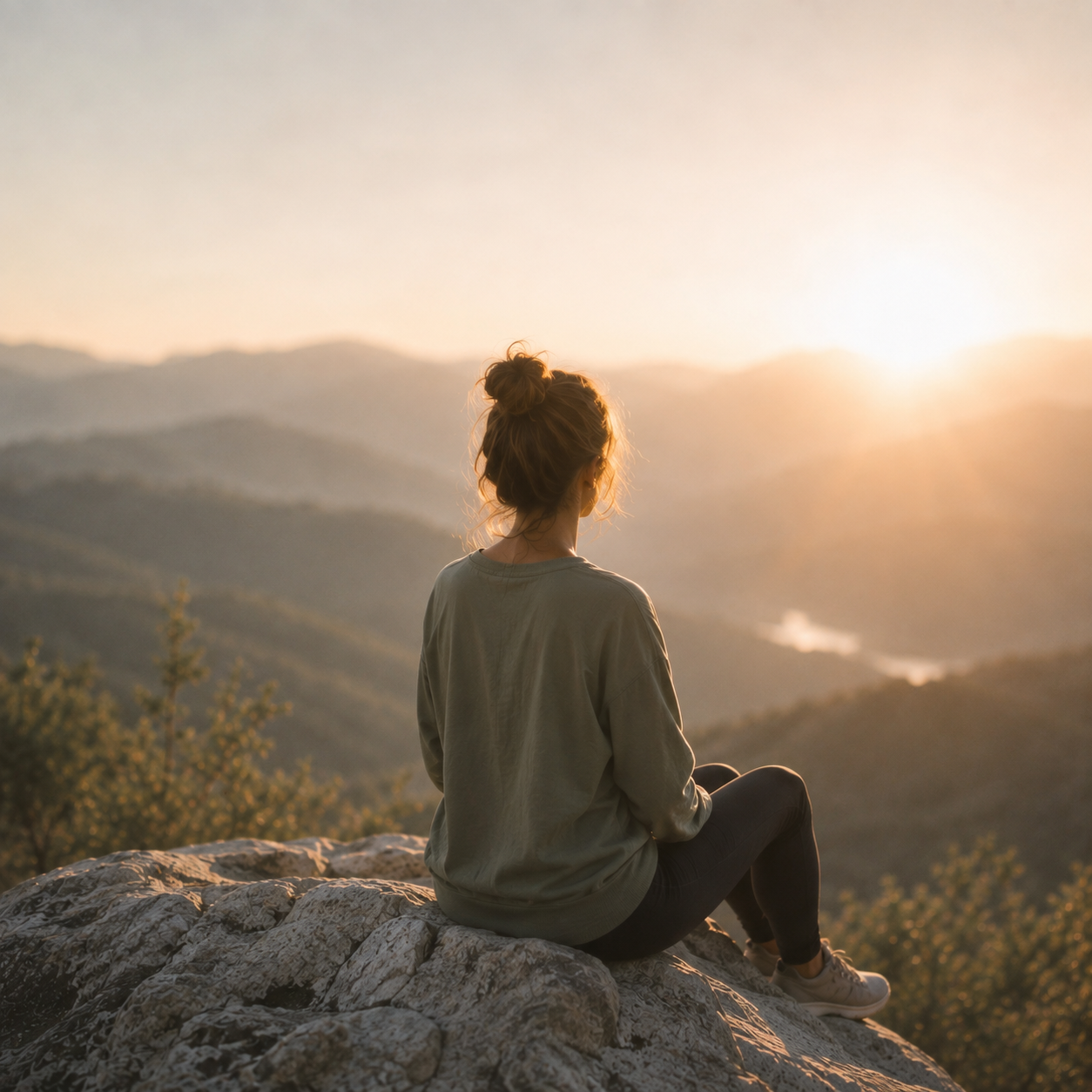 A woman with a bun hairstyle sitting on a rock during sunset, overlooking mountains and a valley.