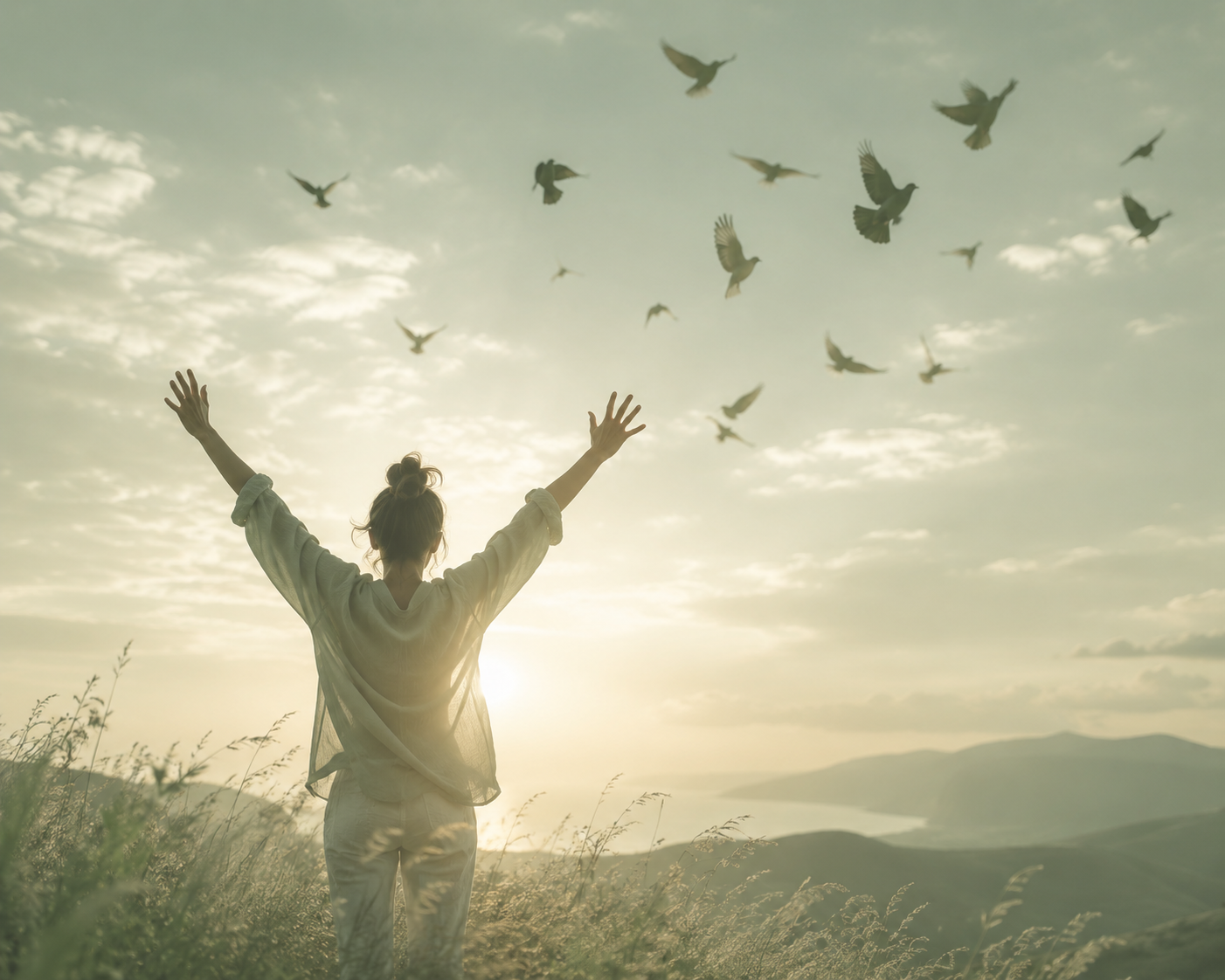 A person with their back to the camera stands in a grassy field with arms raised as birds fly in the sky at sunset or sunrise.