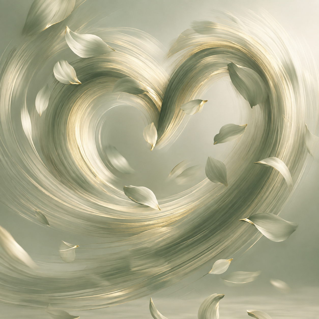 Abstract image of swirling, light-colored shapes with floating petals or leaves in soft, muted tones.
