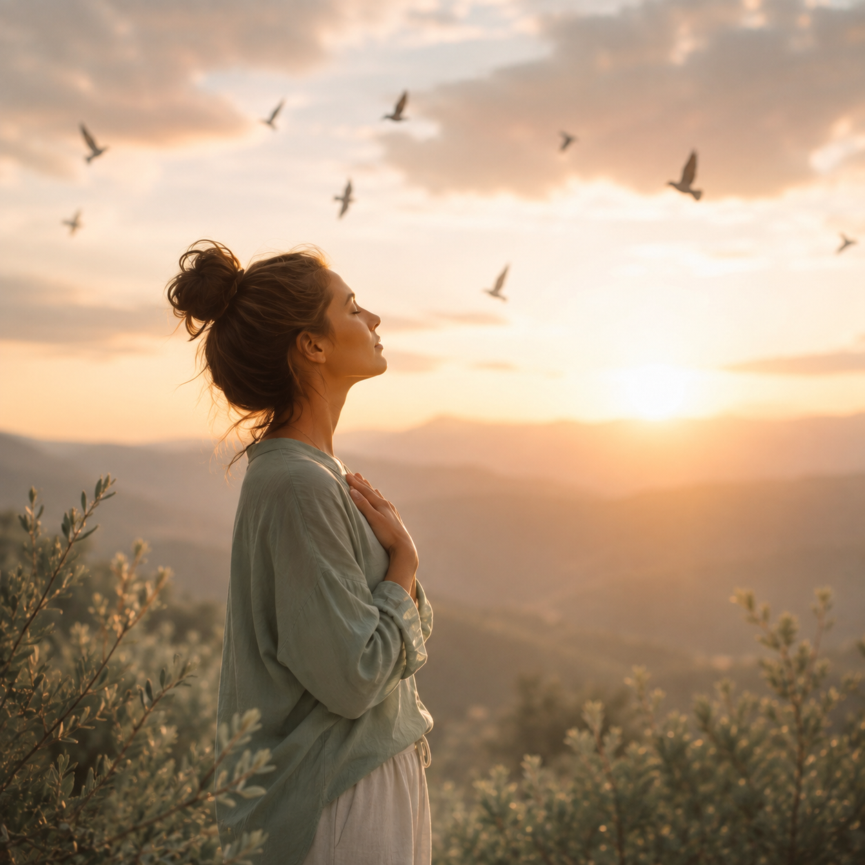 A woman with her eyes closed, standing outdoors at sunset, with her hand on her chest, surrounded by plants and birds flying in the sky.
