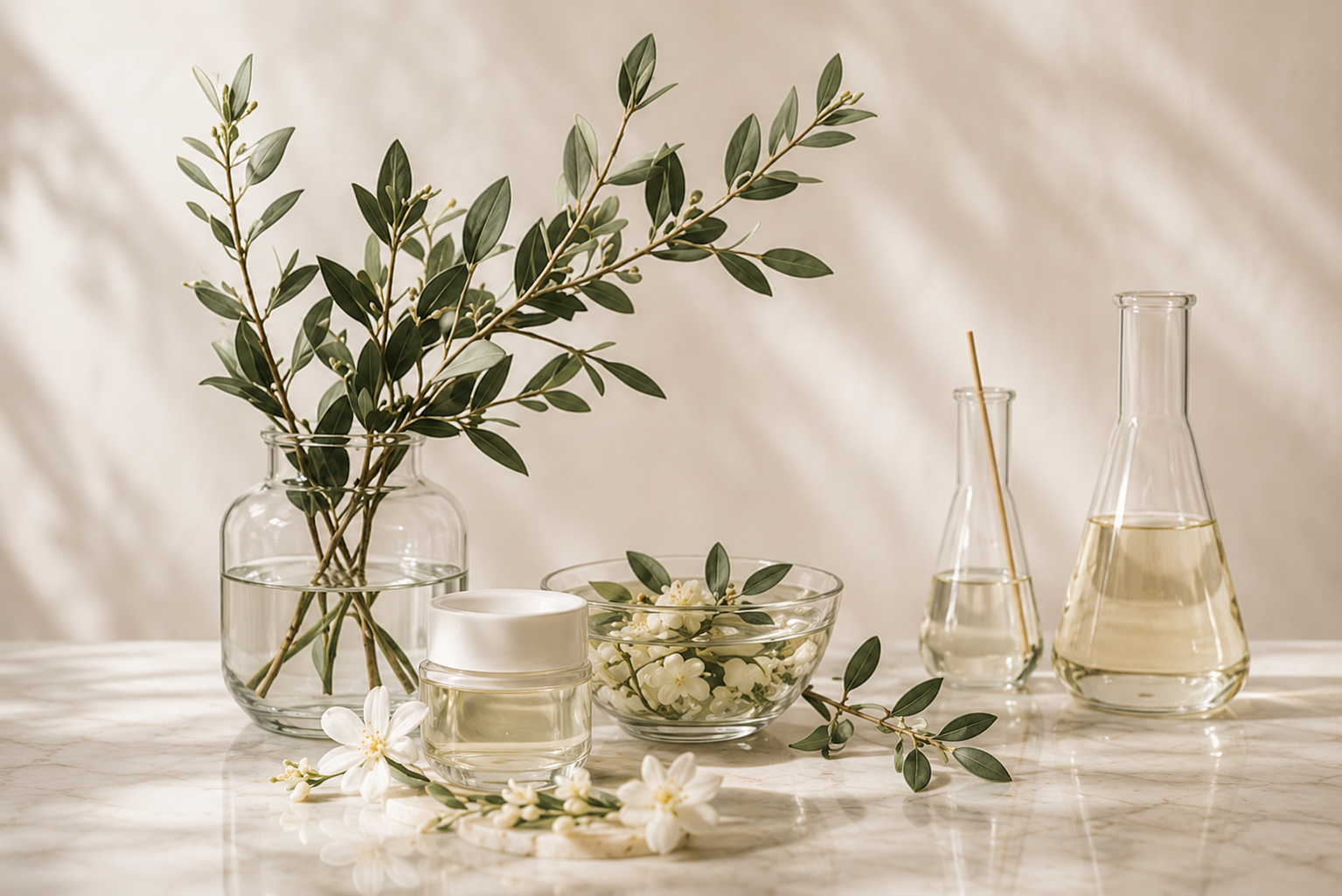 Decorative arrangement of green leafy branches, white flowers, and glass containers with water and liquids on a marble surface with a soft neutral background.