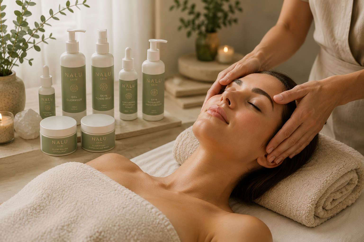 A woman receiving a facial massage at a spa, with skincare products on a table nearby, in a relaxing setting with candles and plants.