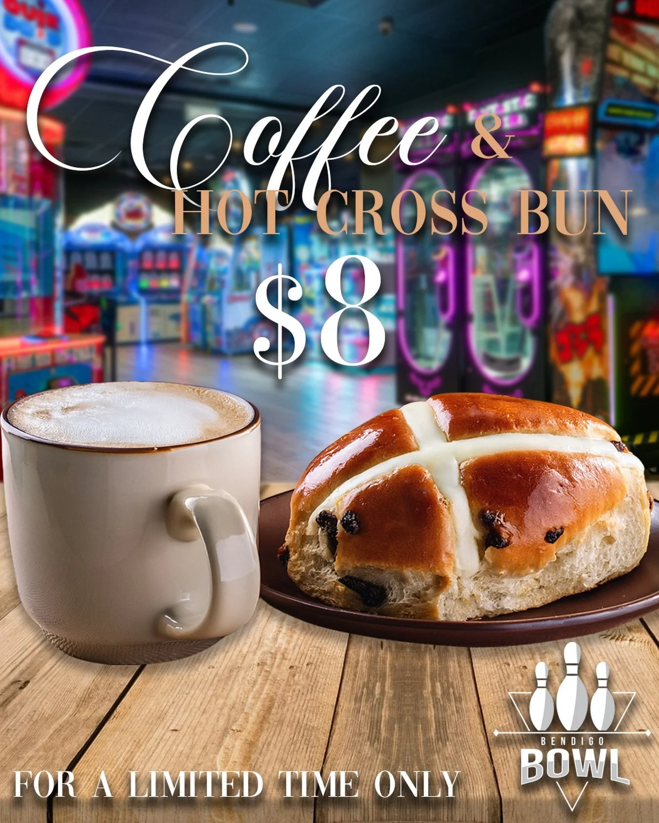 For a limited time only, get a coffee and hot cross bun combo for only $8! A coffee AND bowling date? 🤔 Tag a friend who would like the sound of that.

#bowling #bendigo #easter #coffee #fun