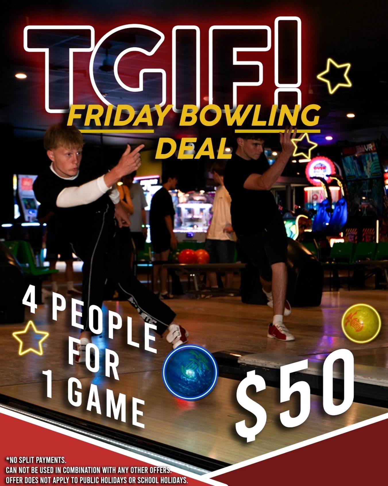 This Friday, it&rsquo;s on 😼 Take advantage of our TGIF deal. 4 people, 1 game of bowling, $50. We love Fridays and you will too! Visit our website to make a booking 🙌

*No split payments. Can not be used in combination with other any other offers.