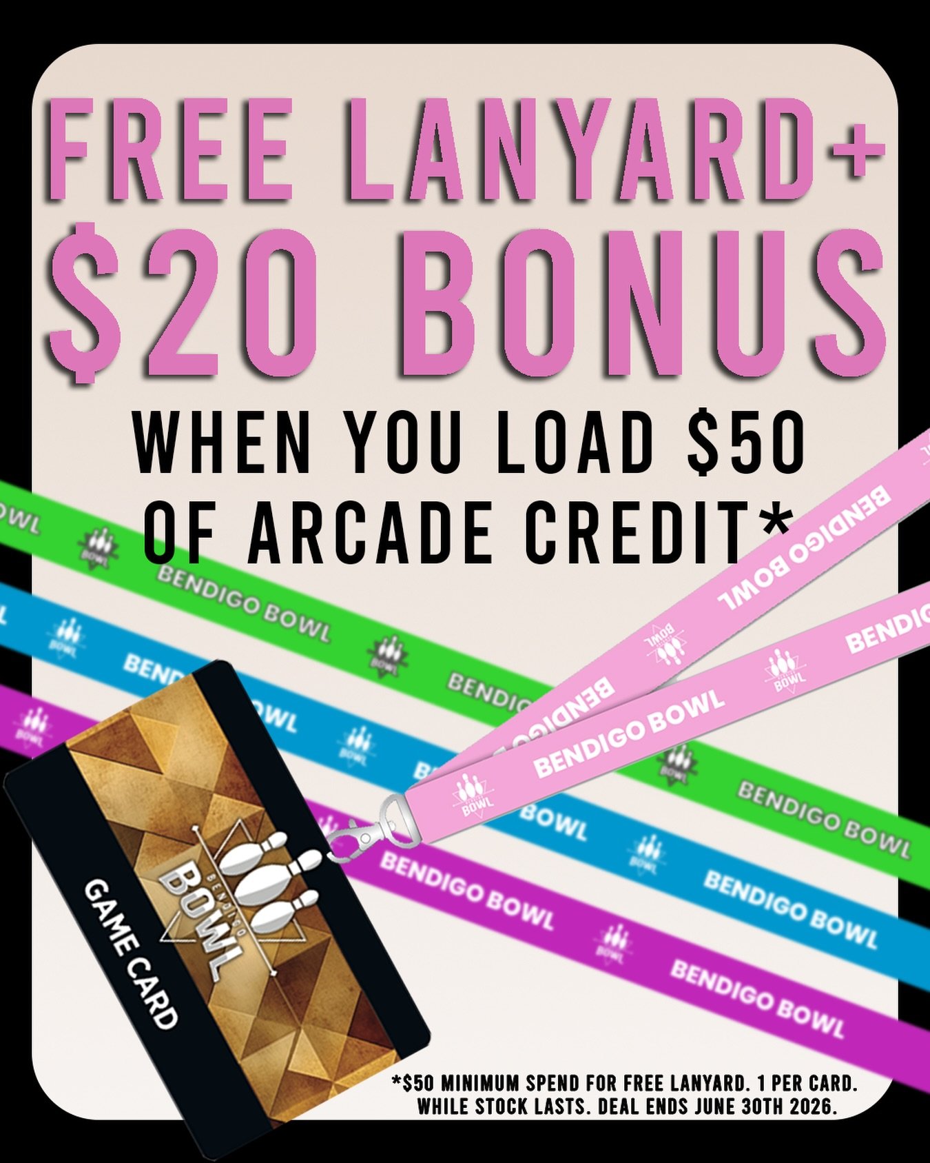 What&rsquo;s better than getting free arcade credit when you load your game card? More free things of course! For the month of June, you can get a free lanyard to hold your game card when you load a minimum of $50. 

While stock lasts. 1 per game car