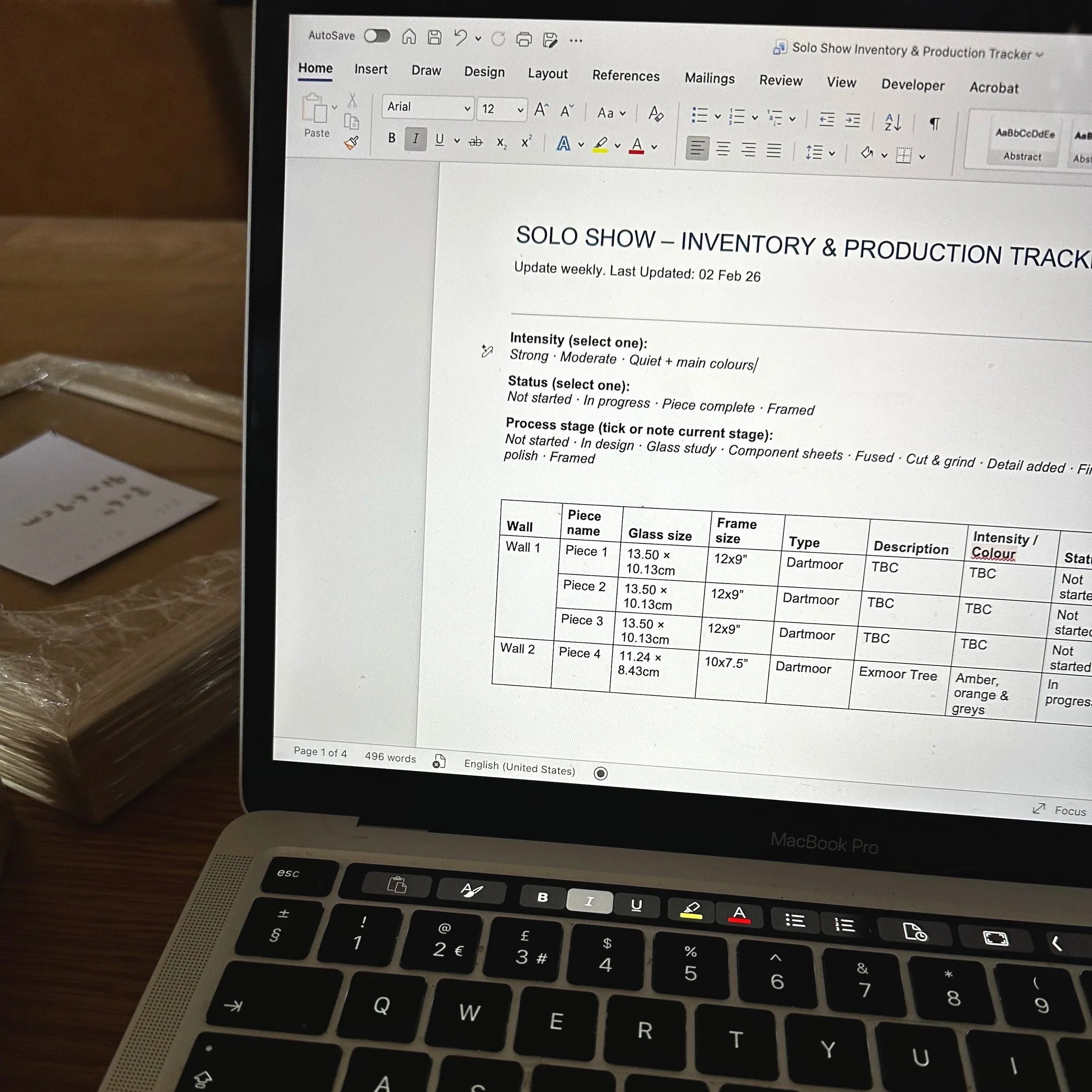 A inventory list for a solo show on my Macbook