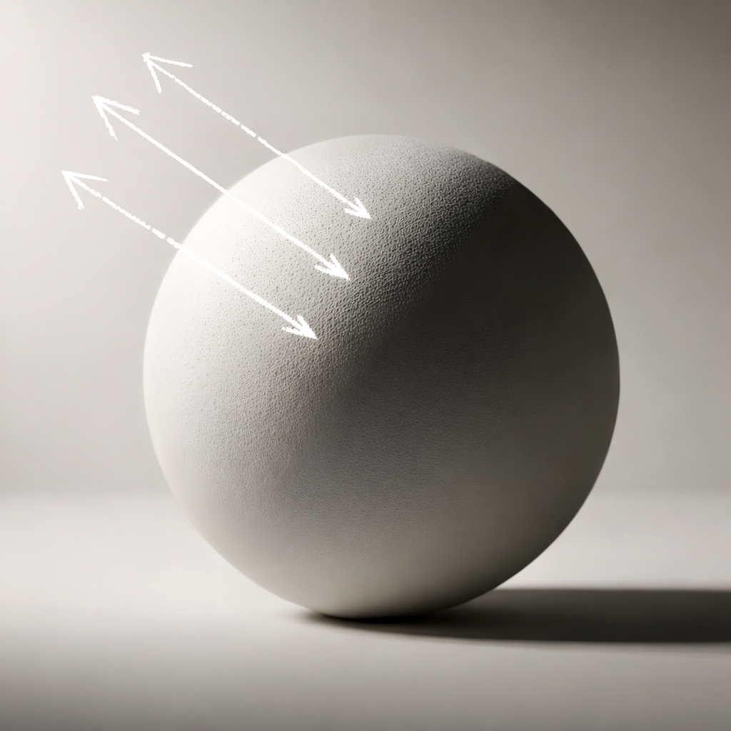 A sphere in greyscale showing direction light, with the left side in bright light, and the underside in shadow. Four white lines illustrate where the bright light is coming from the top left side.