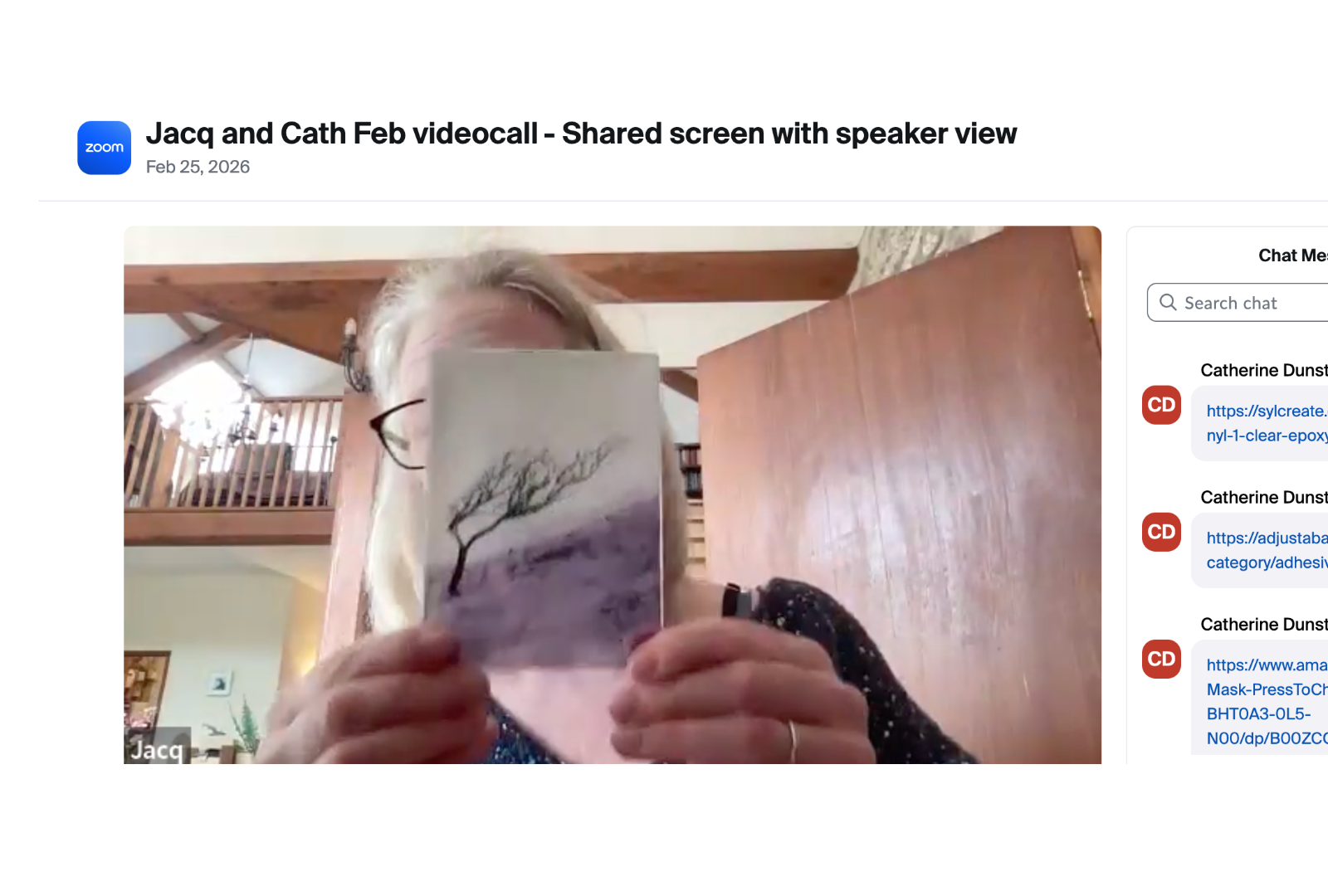 On a Zoom call, holding up a piece of glass art in front of my face to show my mentor