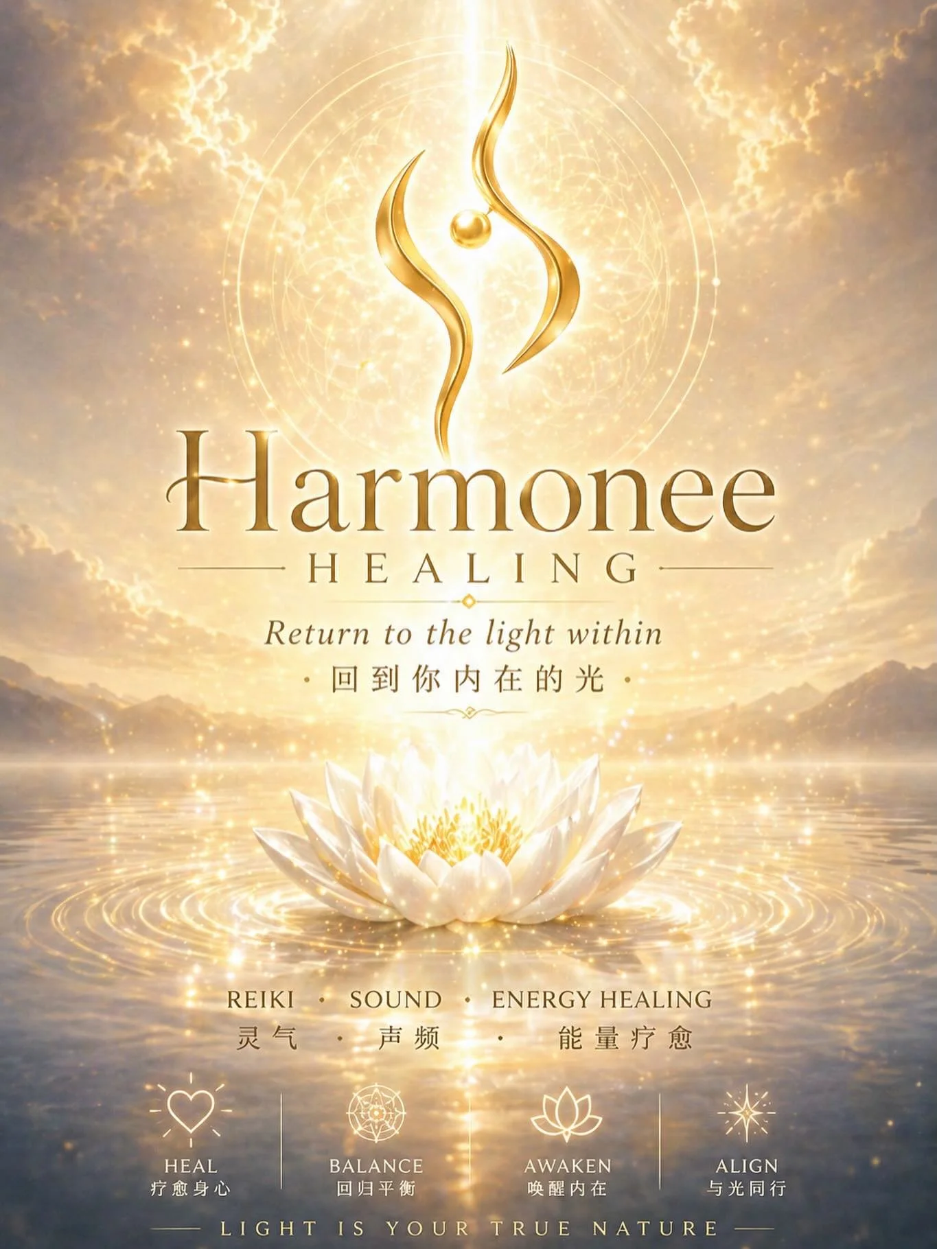 有时候，名字会变。
但真正想传递的光，不会。✨

今天，Harmoni Healing
正式走入新的篇章 &mdash;&mdash;
Harmonee Healing

&ldquo;e&rdquo; 的出现，像是一道新的频率。
是 Energy，也是 Evolution。
不是变成另一个自己，
而是更完整地回到自己。

新的符号，像一道正在被点亮的光。
也像人与宇宙之间，那条重新连接的路。
中间的圆点，代表&ldquo;心&rdquo;。
当心回来了，光就会流动。

这个符号，承载着 Har
